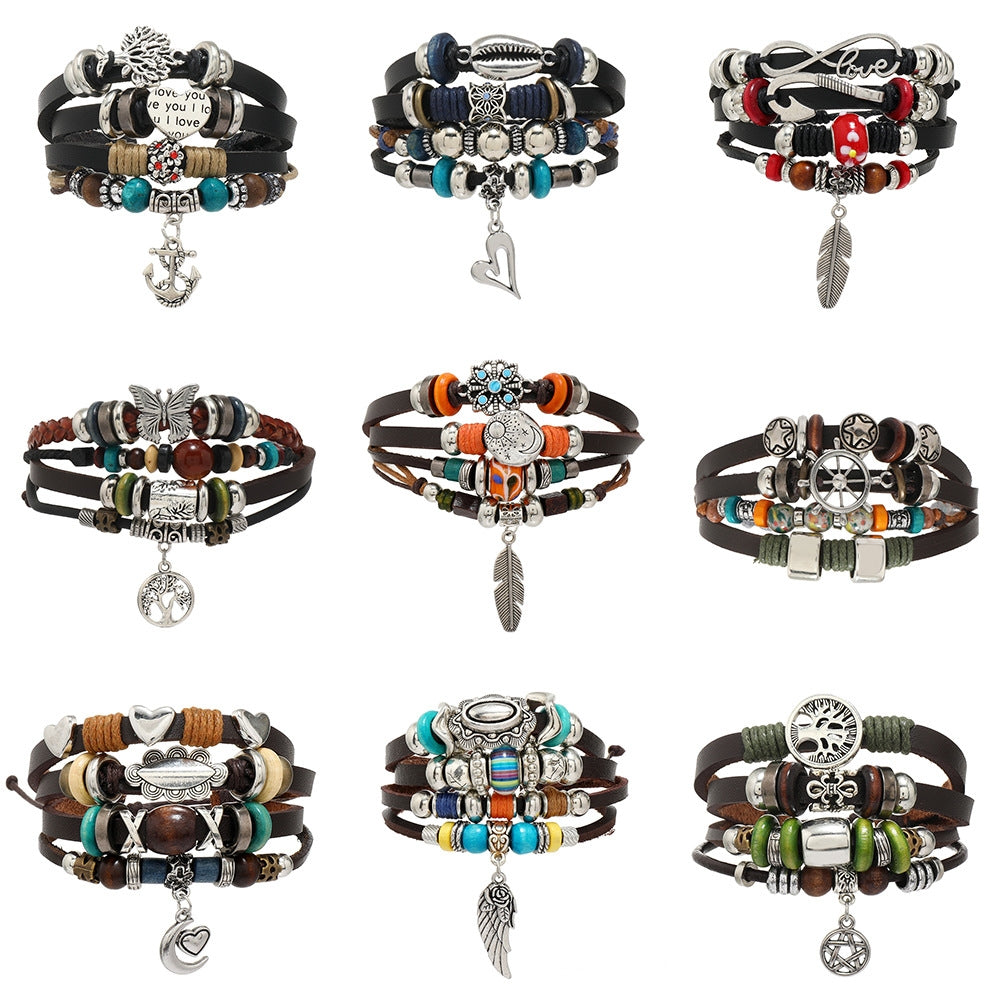 Retro Ethnic Style Color Block PU Leather Bracelet with Beaded Feathers and Tree of Life Turquoise Accents