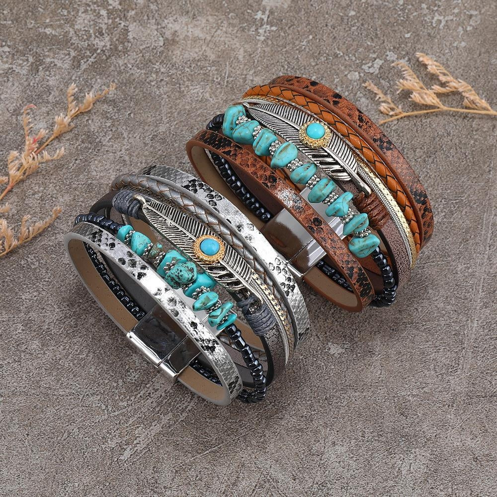 Retro Multi-Layer Turquoise Feather and Leopard Print PU Leather Bracelet Set