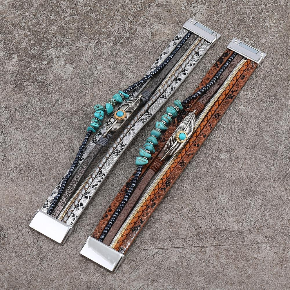 Retro Multi-Layer Turquoise Feather and Leopard Print PU Leather Bracelet Set