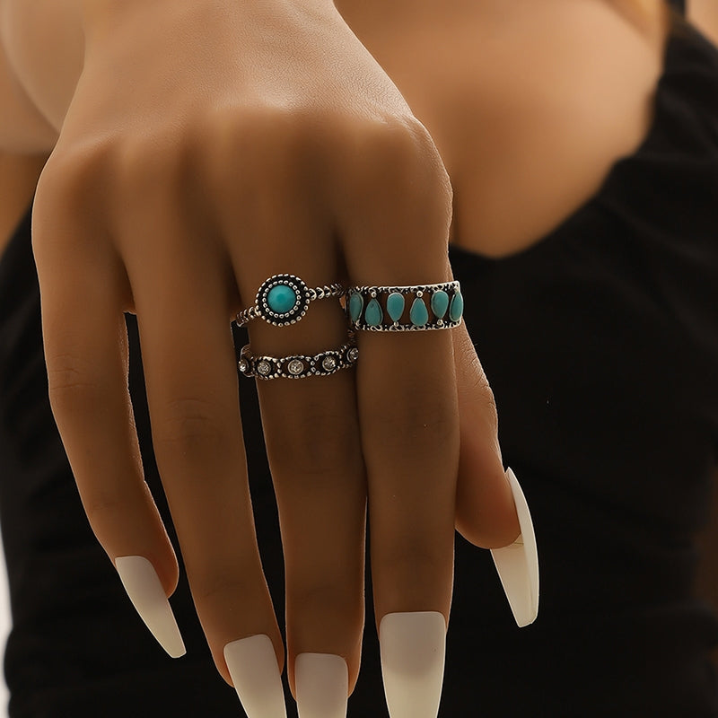 Retro Bohemian Turquoise Silver Plated Alloy Ring Set