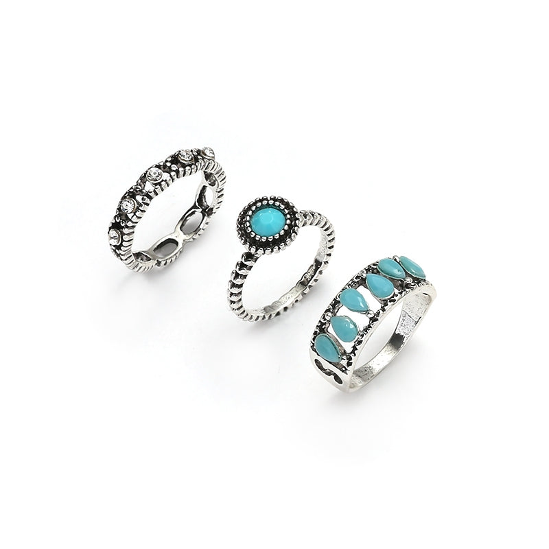 Retro Bohemian Turquoise Silver Plated Alloy Ring Set