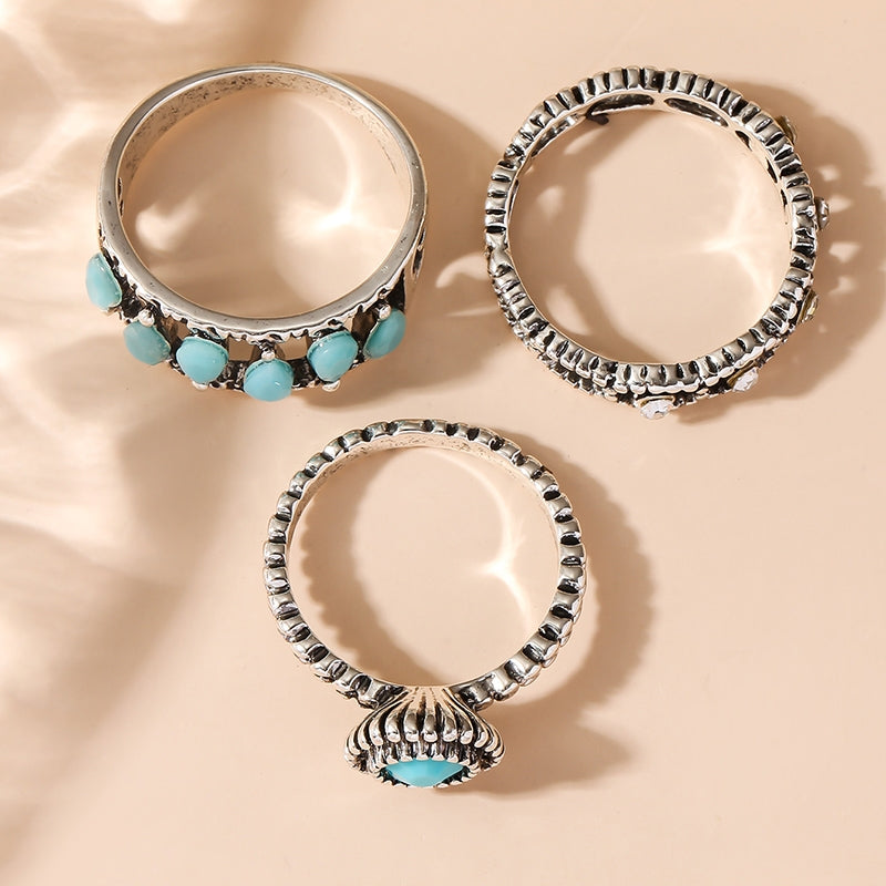 Retro Bohemian Turquoise Silver Plated Alloy Ring Set