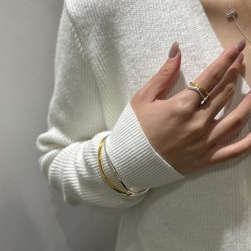 Retro Color Block Sterling Silver Double-Layer Wave Cuff Bracelet