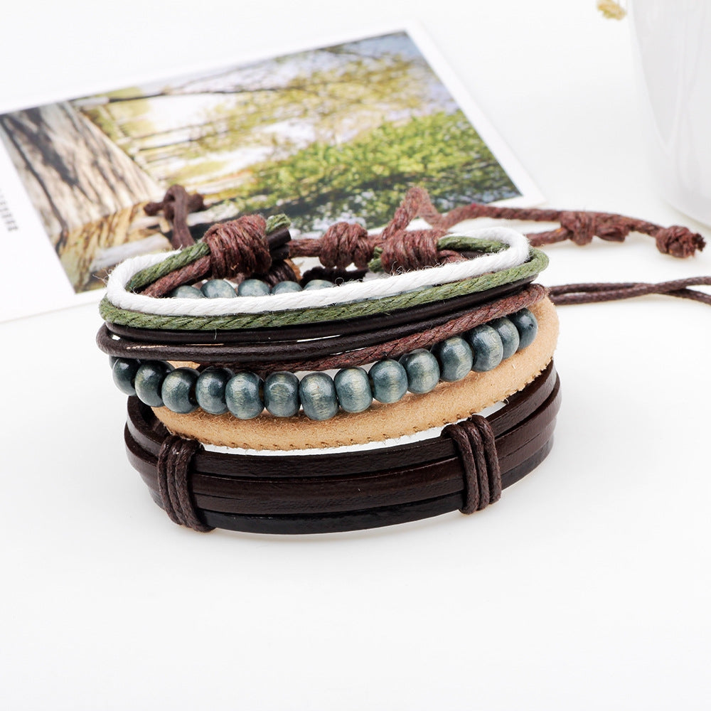 Retro Color Block Multi-Layer Leather Beaded Bracelet Set