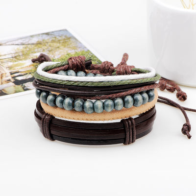 Retro Color Block Multi-Layer Leather Beaded Bracelet Set