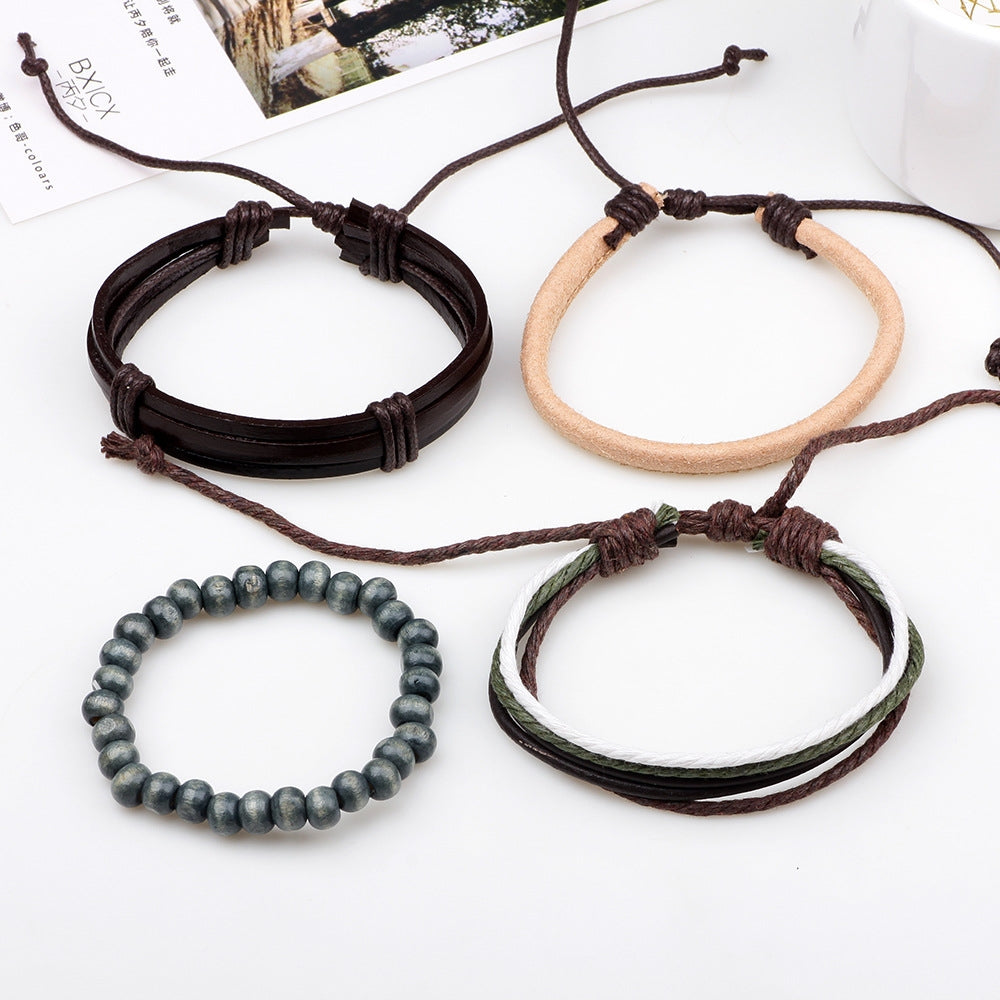 Retro Color Block Multi-Layer Leather Beaded Bracelet Set