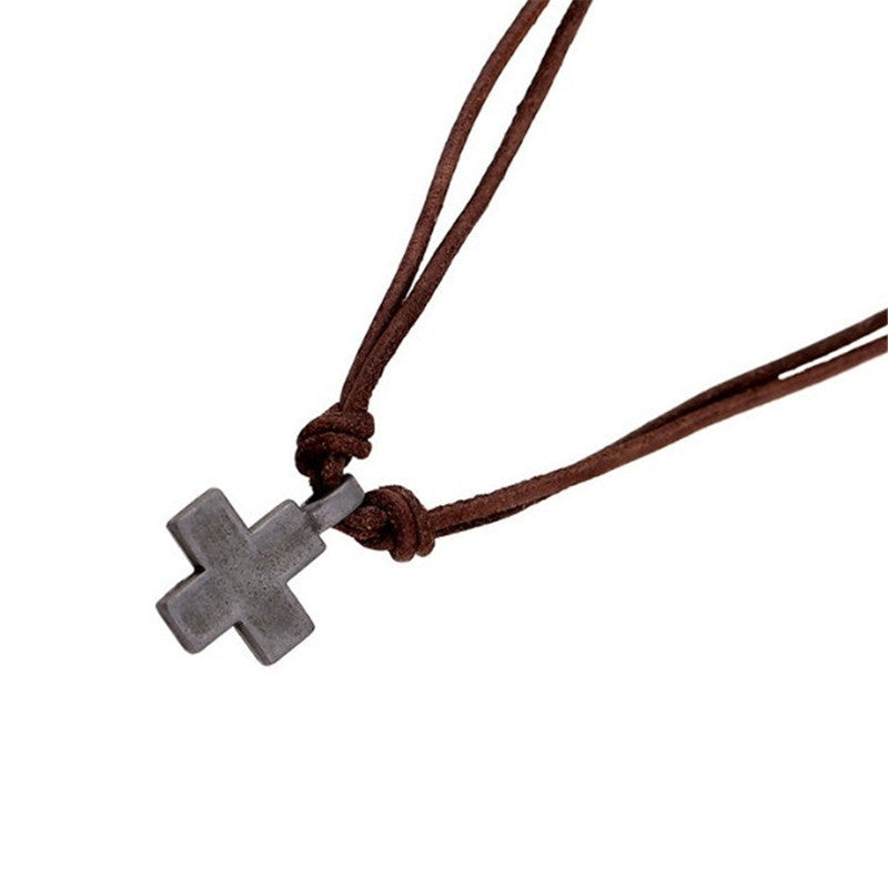 Retro Cross Alloy Braided Cowhide Men's Pendant Necklace