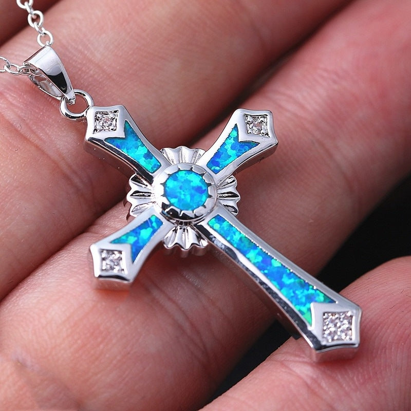 Retro Opal Inlay Cross Pendant Necklace for Women