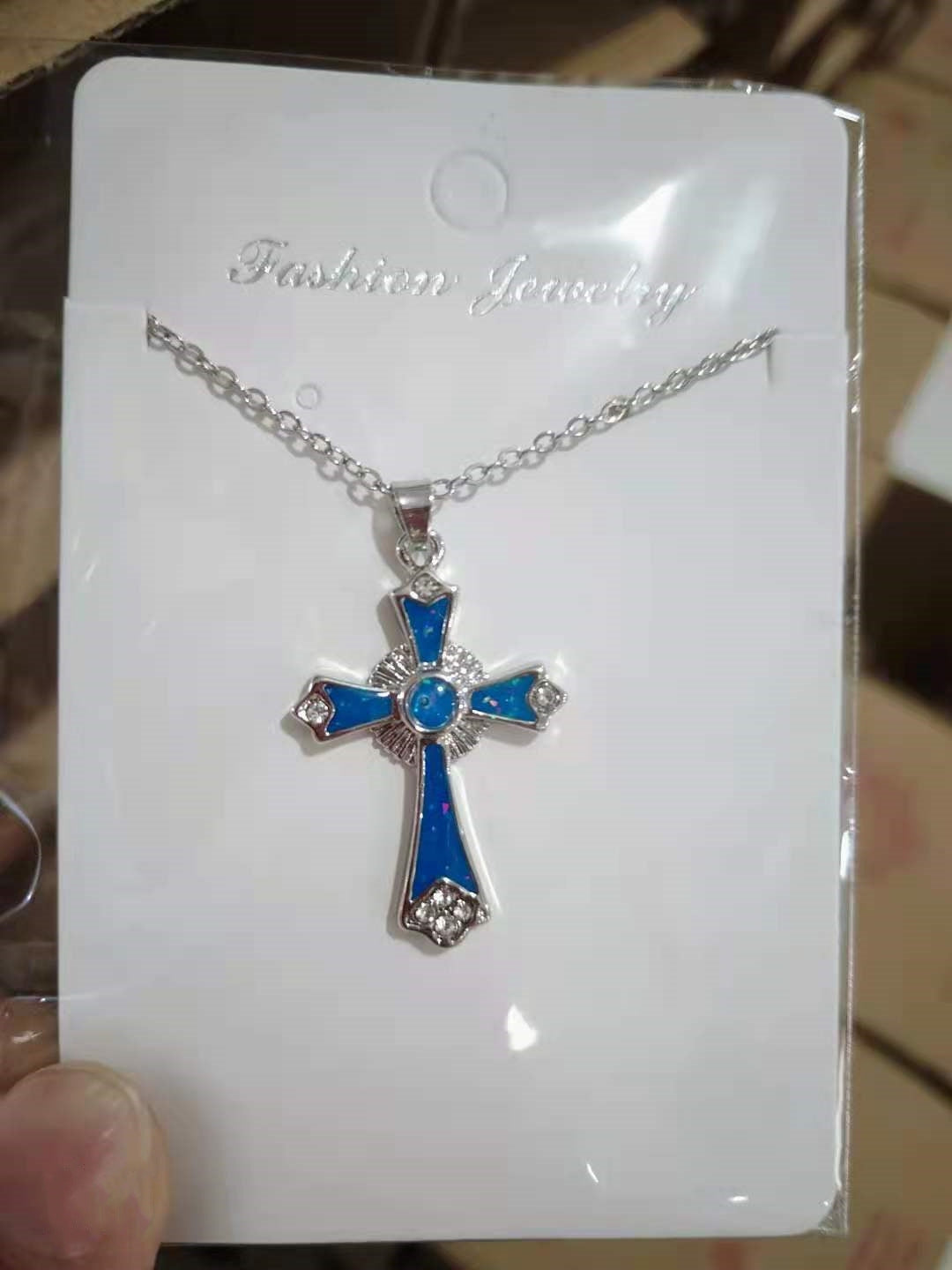 Retro Opal Inlay Cross Pendant Necklace for Women