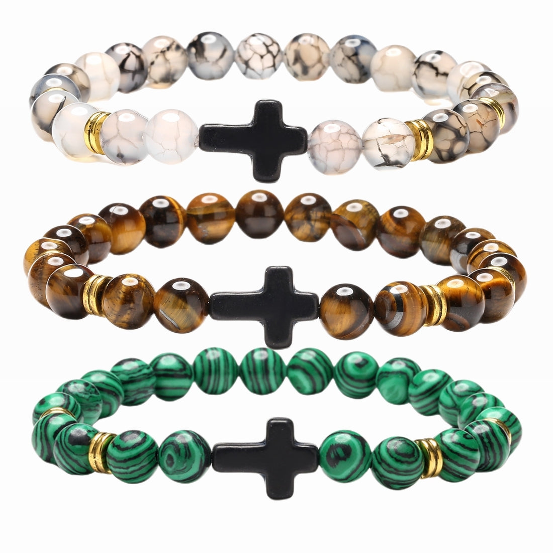 Retro Cross Agate Tiger Eye Volcanic Stone Beaded Bracelet Set