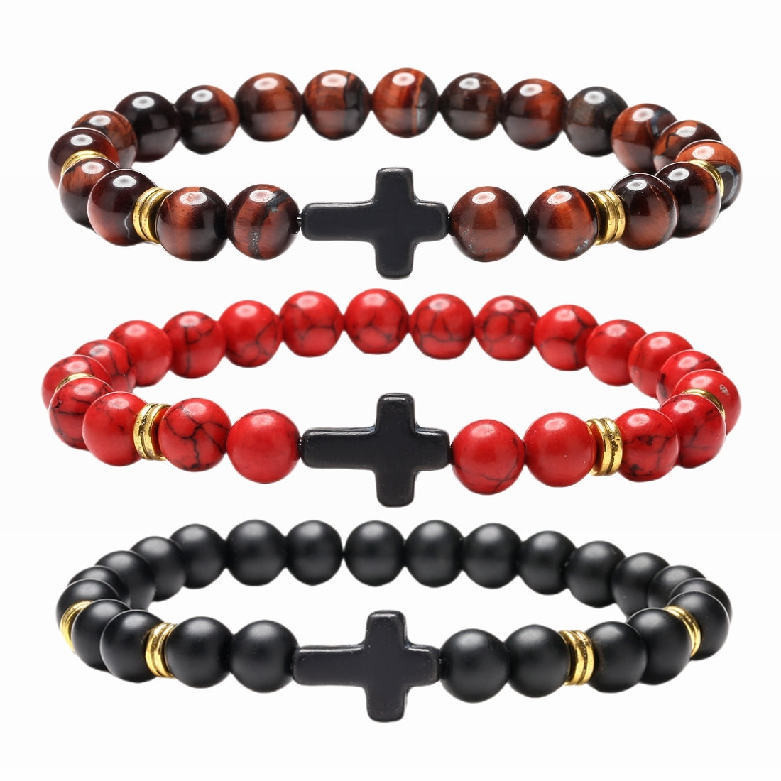 Retro Cross Agate Tiger Eye Volcanic Stone Beaded Bracelet Set