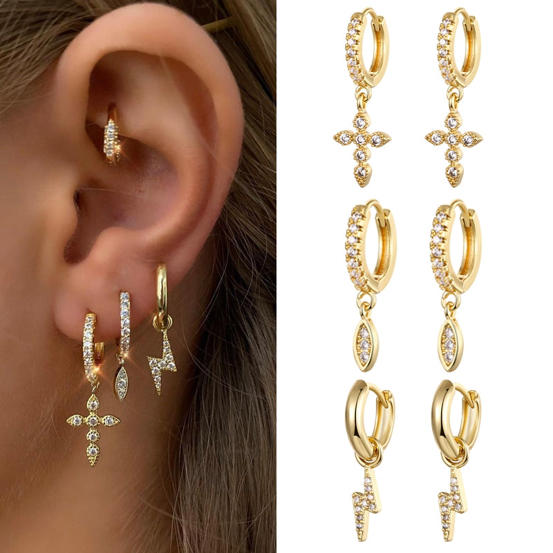 Retro Lightning Oval Zircon Gold Plated Drop Earrings