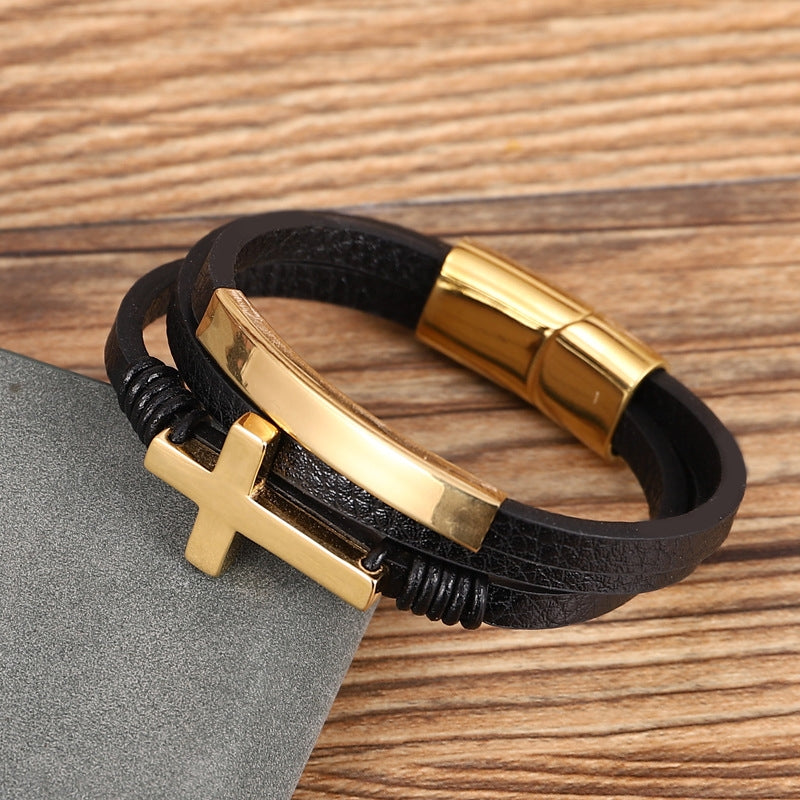 Retro Cross Gold Stainless Steel Multi-Layer Braided Leather Men's Bracelet