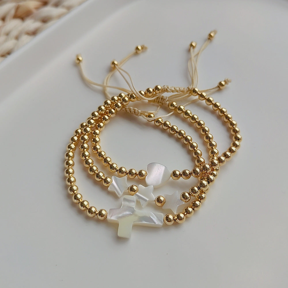 Retro Heart & Star Pearl Bracelet with Gold-Plated Shell Beads