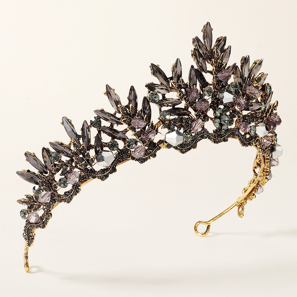 Retro Baroque Black Leaf Crystal Crown Headpiece