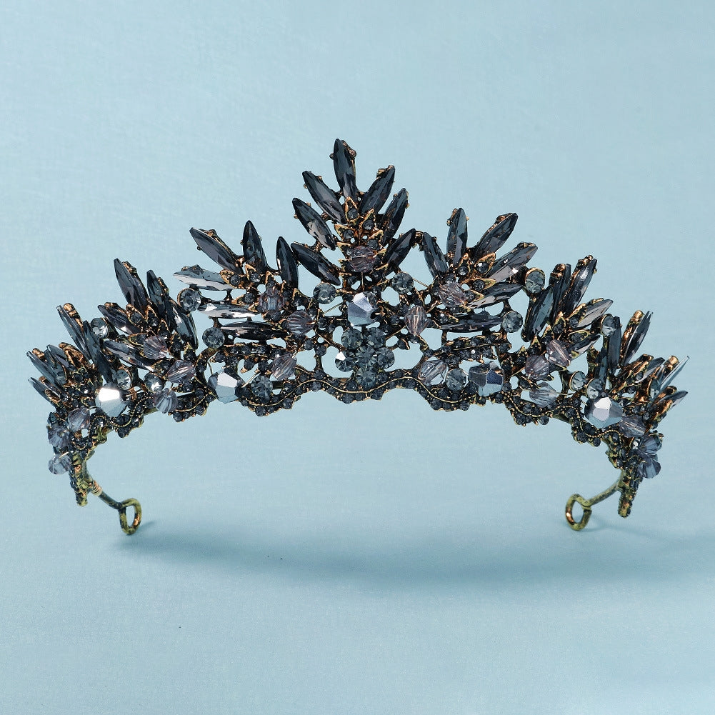 Retro Baroque Black Leaf Crystal Crown Headpiece