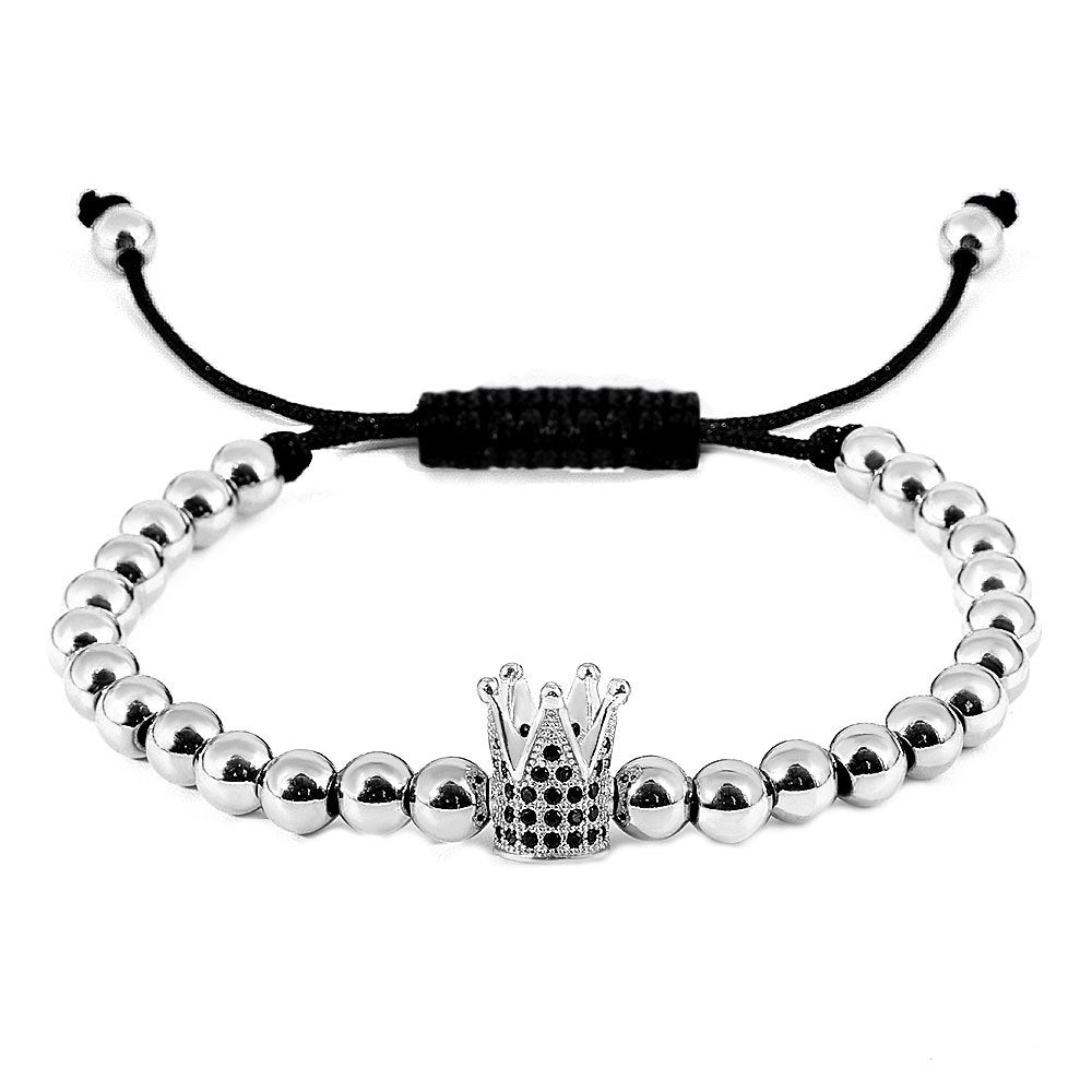 Retro Crown Stainless Steel Diamond Bead Adjustable Bracelet Set