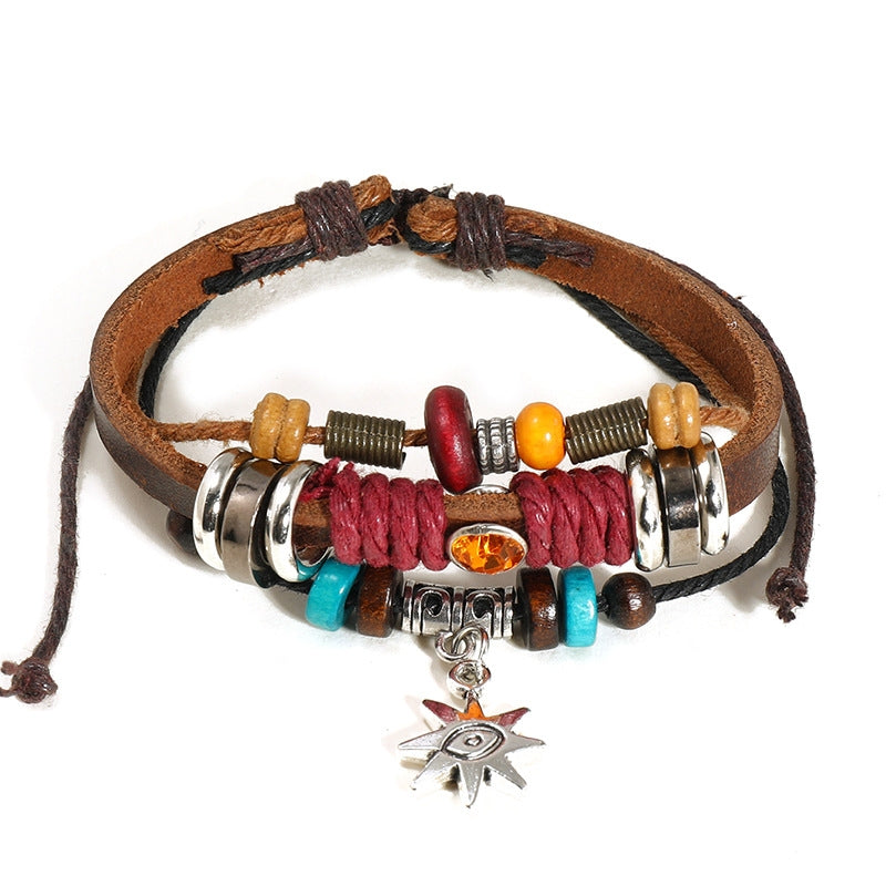 Retro Devil's Eye Color Block Cowhide Leather Beaded Unisex Bracelet