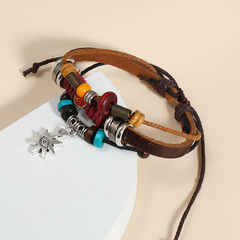 Retro Devil's Eye Color Block Cowhide Leather Beaded Unisex Bracelet