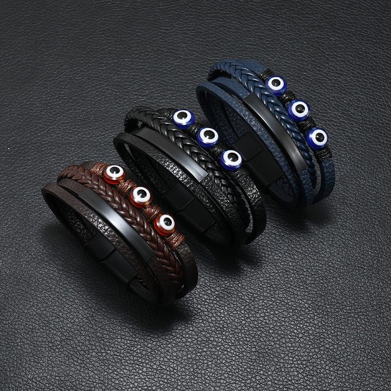 Retro Devil's Eye Leather Alloy Resin Men's Bracelet with Magnetic Clasp