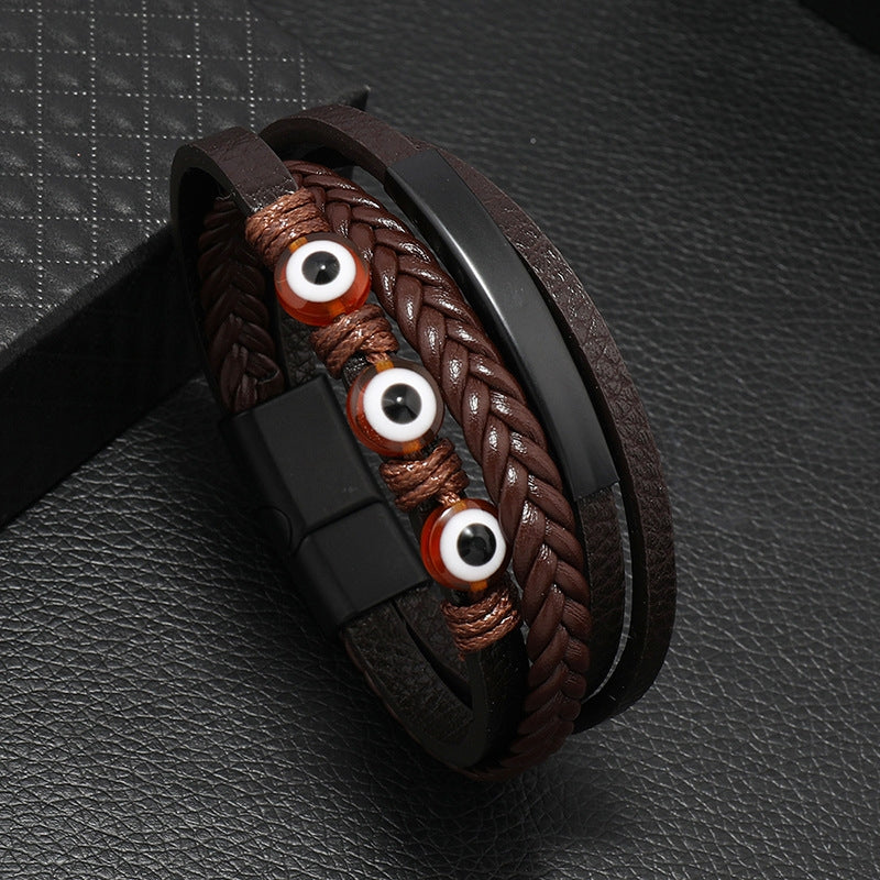 Retro Devil's Eye Leather Alloy Resin Men's Bracelet with Magnetic Clasp