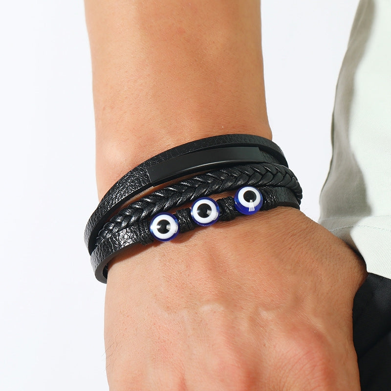 Retro Devil's Eye Leather Alloy Resin Men's Bracelet with Magnetic Clasp