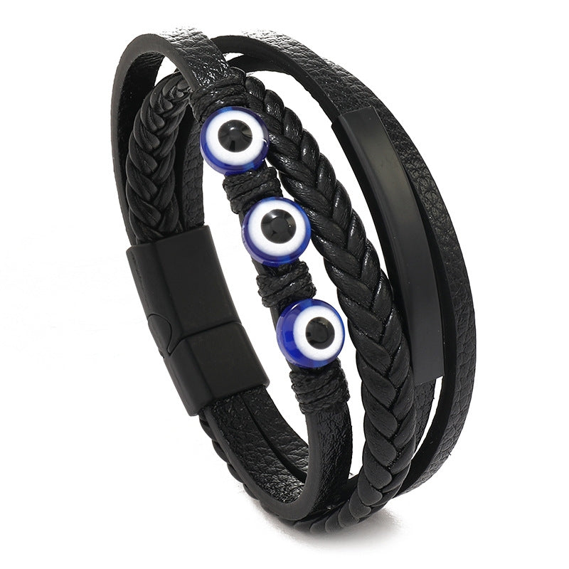 Retro Devil's Eye Leather Alloy Resin Men's Bracelet with Magnetic Clasp