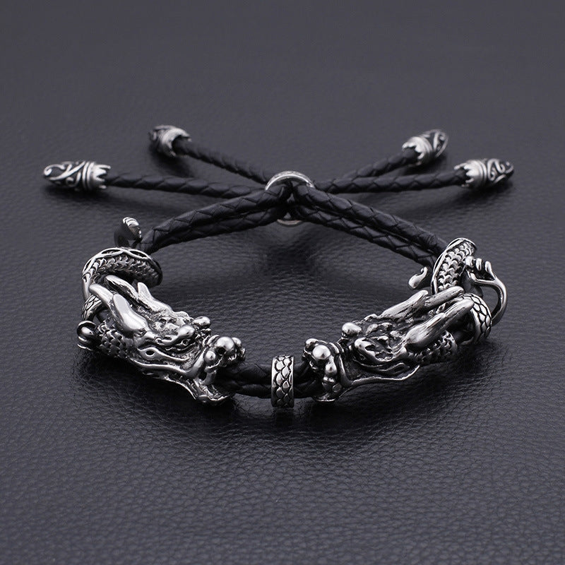 Retro Dragon Head Stainless Steel Leather Men's Adjustable Bracelet