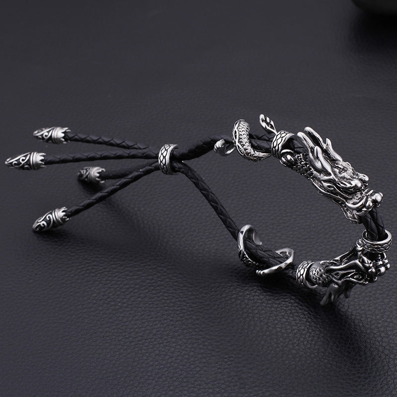 Retro Dragon Head Stainless Steel Leather Men's Adjustable Bracelet