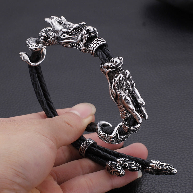 Retro Dragon Head Stainless Steel Leather Men's Adjustable Bracelet