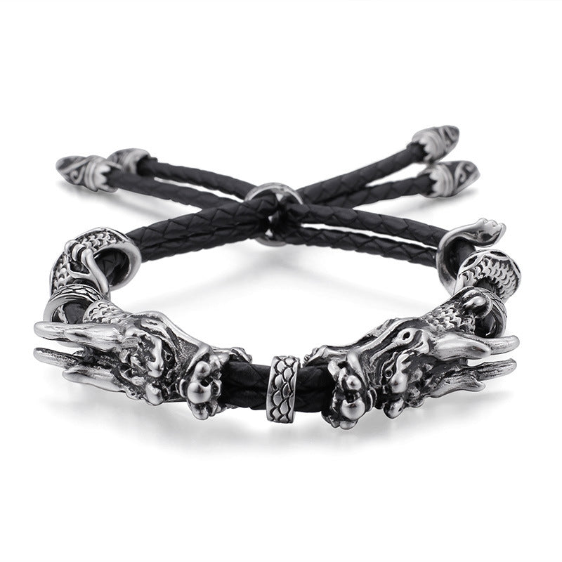 Retro Dragon Head Stainless Steel Leather Men's Adjustable Bracelet