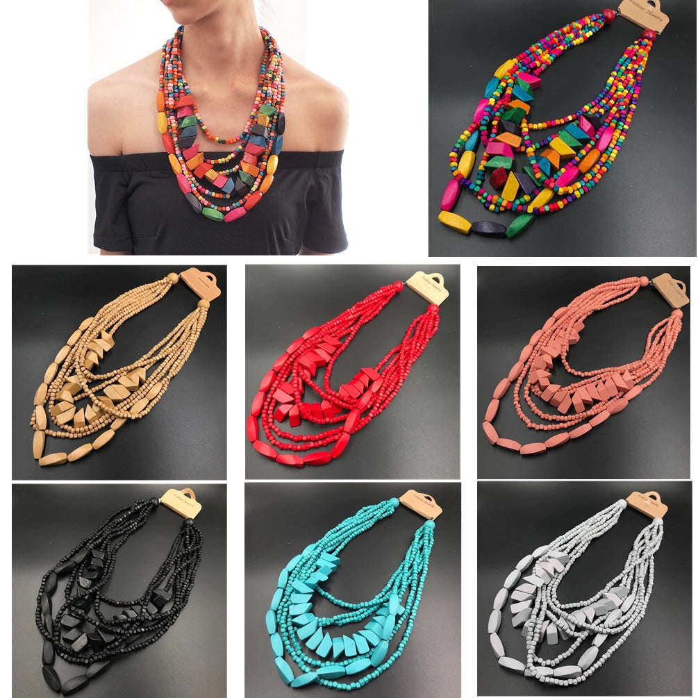 Retro Bohemian Multilayer Wood Beaded Long Necklace for Women
