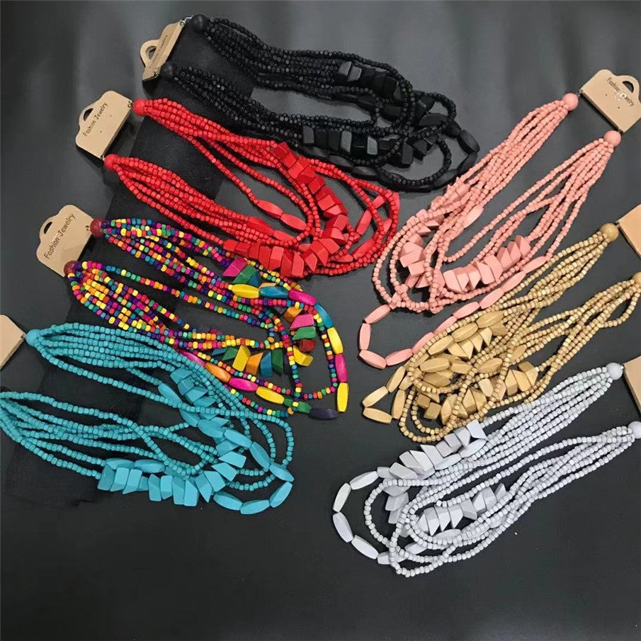 Retro Bohemian Multilayer Wood Beaded Long Necklace for Women