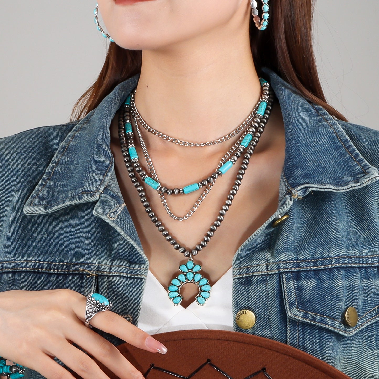 Retro Ethnic Style Flower Alloy Turquoise Iron Wholesale Layered Necklaces