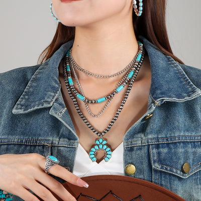 Retro Ethnic Flower Turquoise Pendant Layered Alloy Necklace