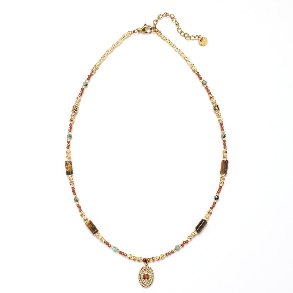 Retro Ethnic Geometric Tiger Eye Stone Beaded Women's Necklace