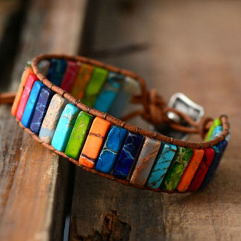 Retro Ethnic Geometric Color Block PU Leather Natural Stone Beaded Braided Bracelet