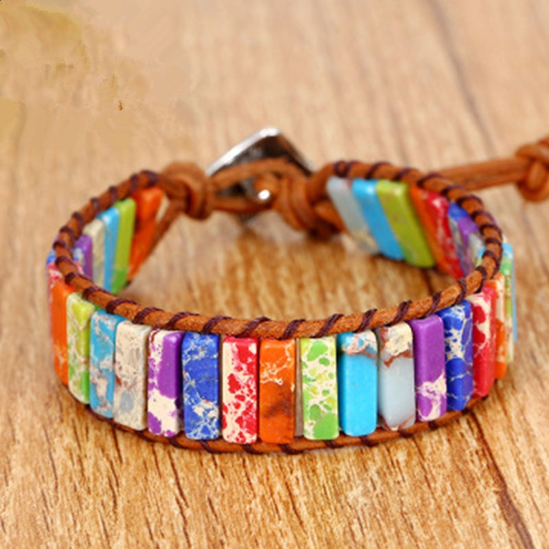 Retro Ethnic Geometric Color Block PU Leather Natural Stone Beaded Braided Bracelet