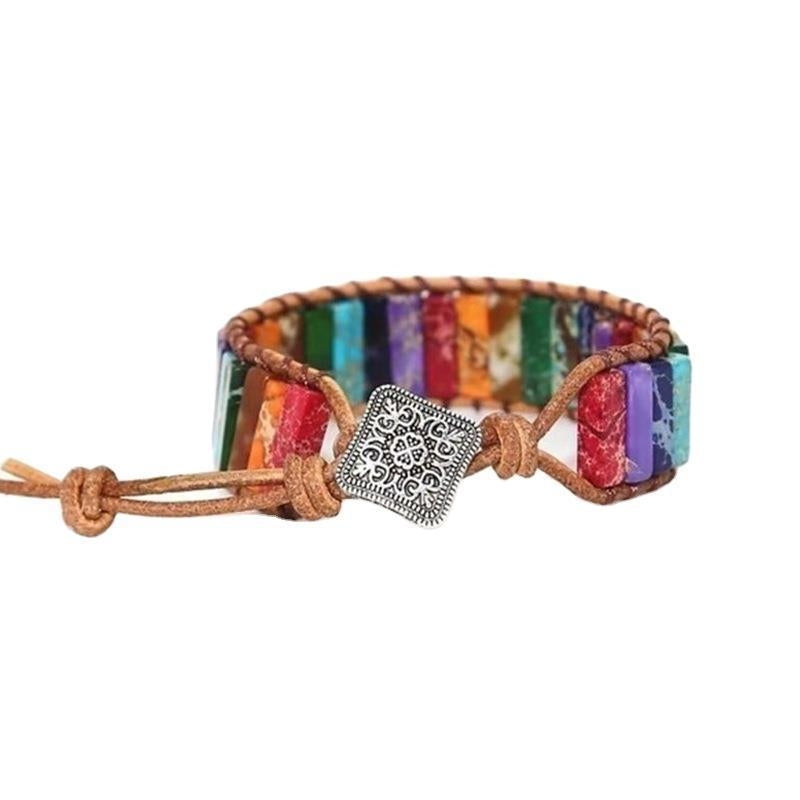 Retro Ethnic Geometric Color Block PU Leather Natural Stone Beaded Braided Bracelet