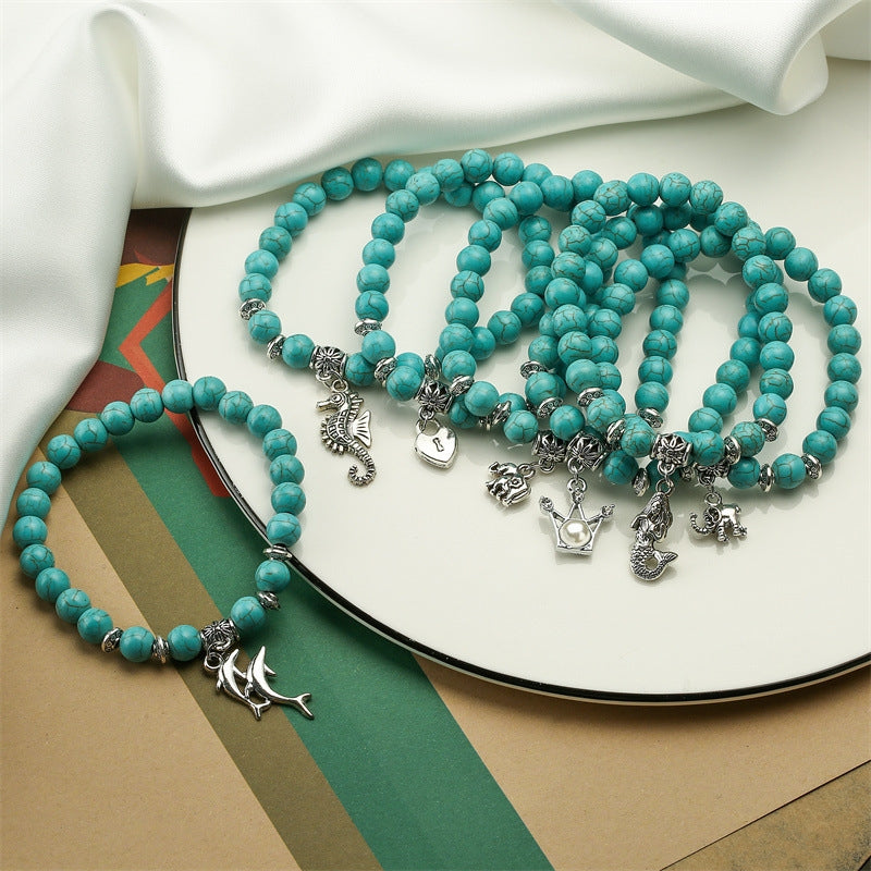 Retro Ethnic Geometric Turquoise Beaded Bracelet Set with Cross Charms