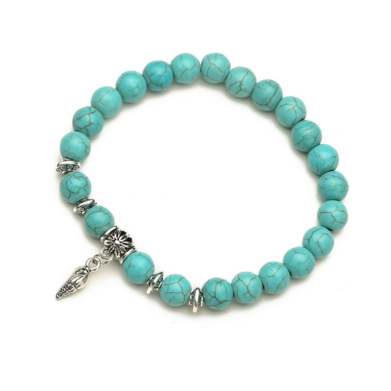 Retro Ethnic Geometric Turquoise Beaded Bracelet Set with Cross Charms