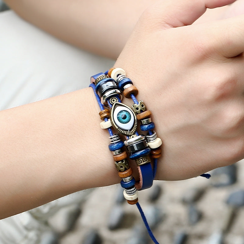 Retro Beaded Eye Leather Bracelet - Adjustable Unisex Jewelry