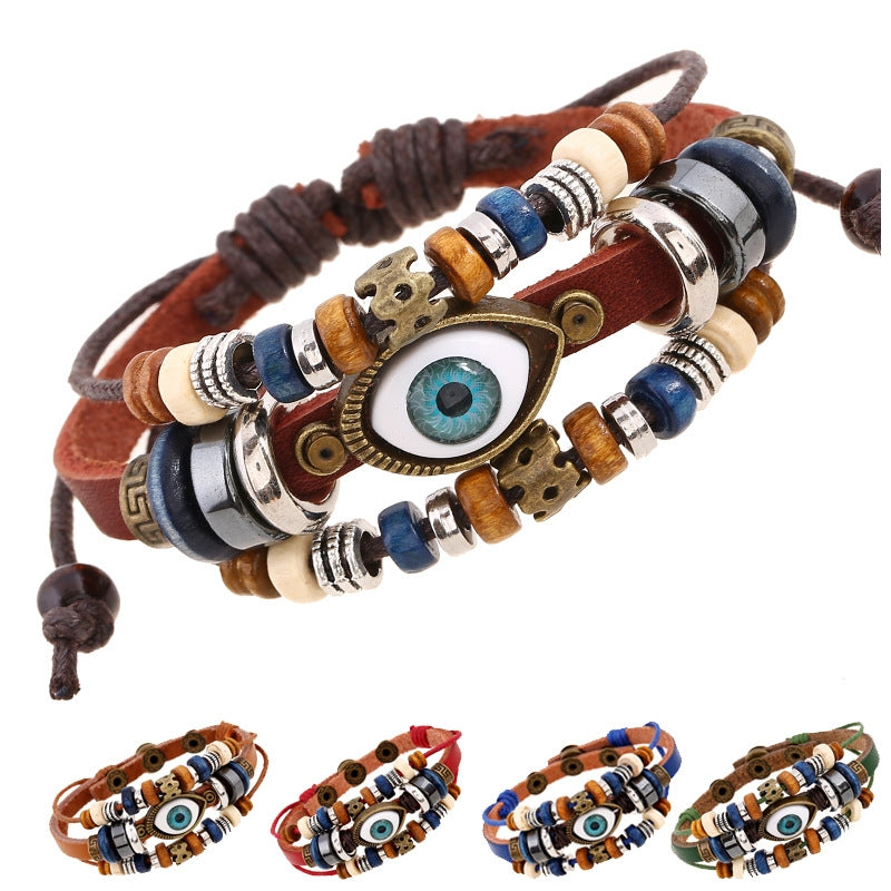 Retro Beaded Eye Leather Bracelet - Adjustable Unisex Jewelry