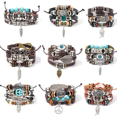 Retro Turquoise Leather Beaded Unisex Bracelet Set - Multi-Layer Pendant Design