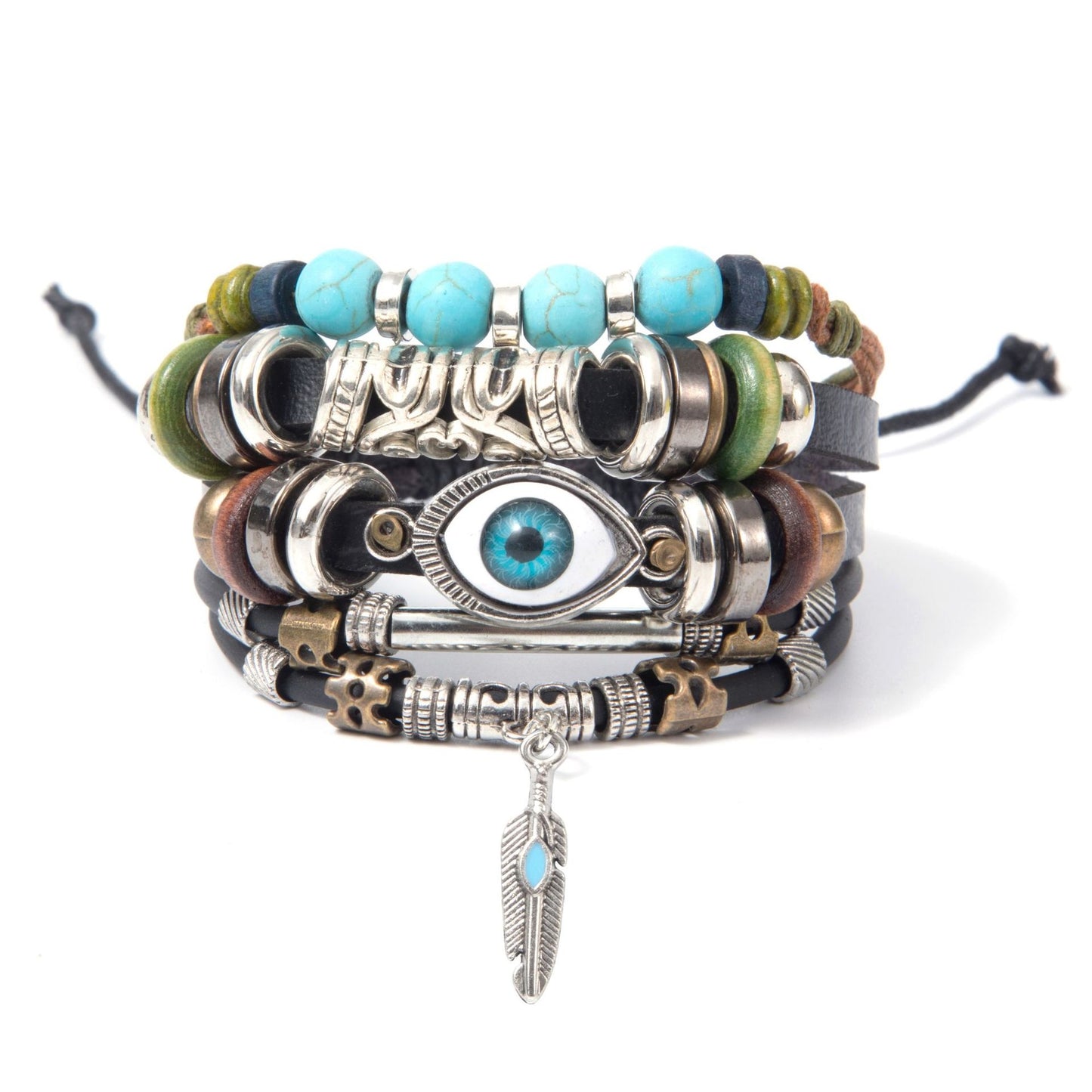 Retro Turquoise Leather Beaded Unisex Bracelet Set - Multi-Layer Pendant Design