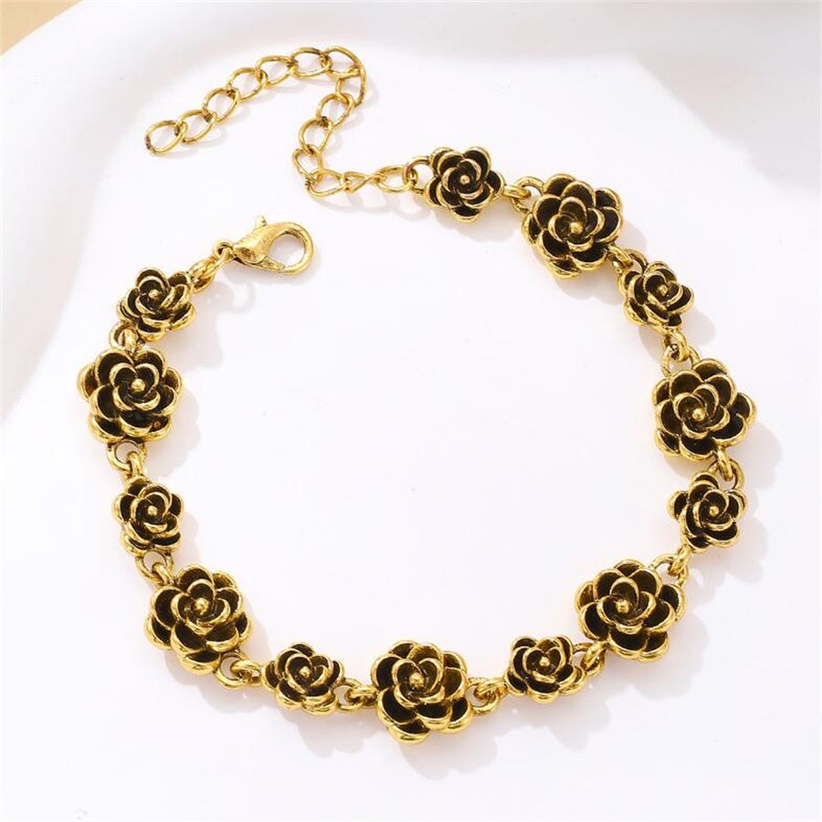 Retro Distressed Rose Camellia Alloy Bracelet for Women