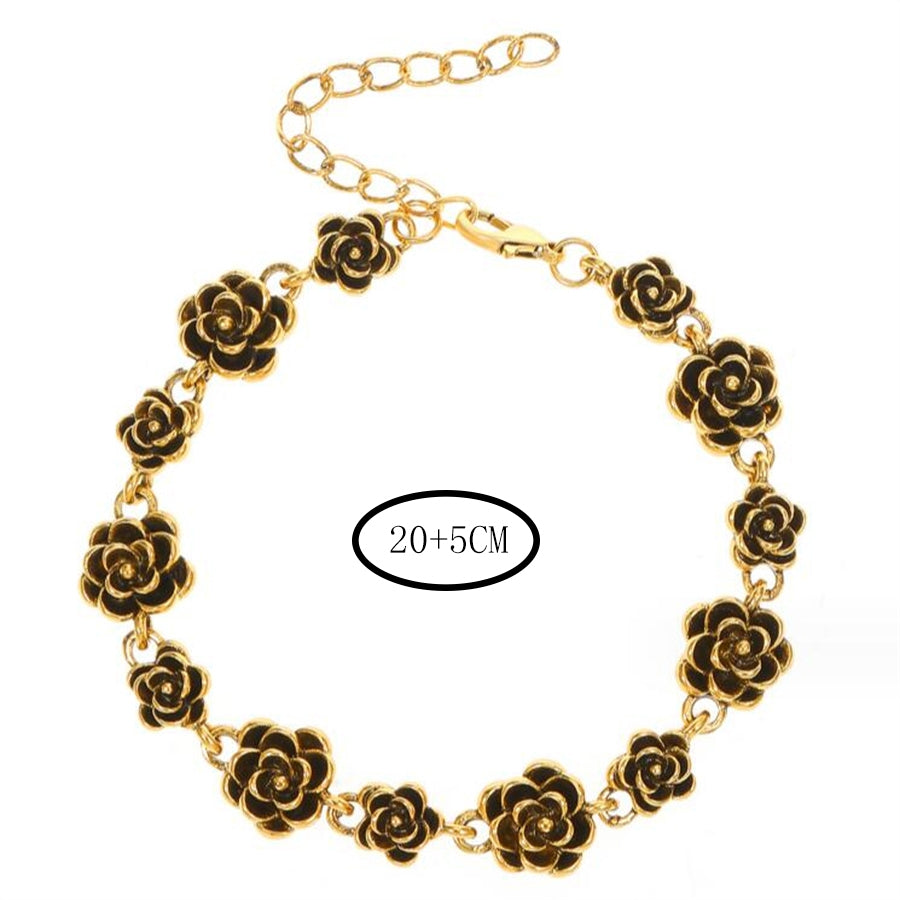 Retro Distressed Rose Camellia Alloy Bracelet for Women