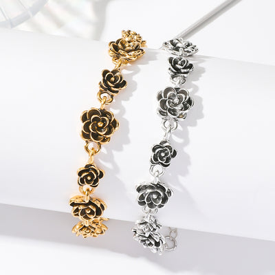 Retro Distressed Rose Camellia Alloy Bracelet for Women