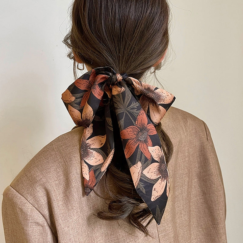 Retro Floral Silk Scarf Hair Tie and Decorative Ribbon