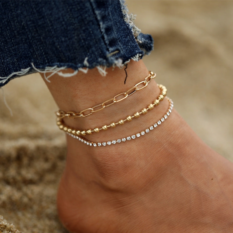 Retro Rhinestone Layered Anklet Set - Three Piece Metal Chain Anklets for Women